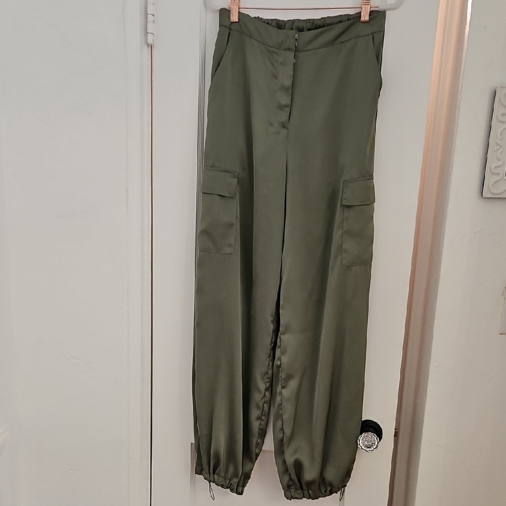 Green Satin Cargo Pants